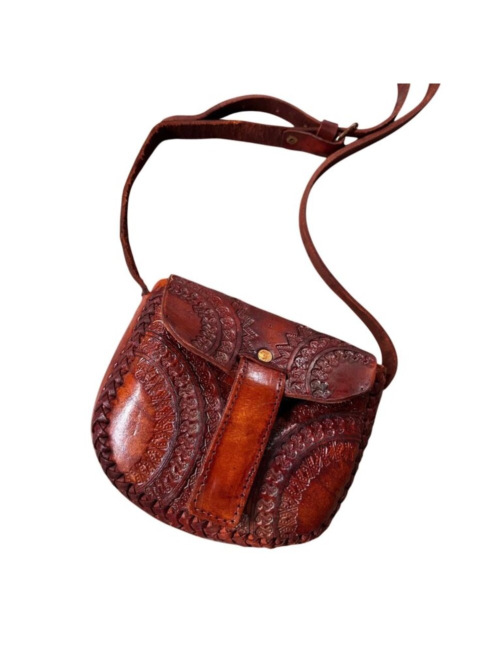 Vintage Tooled Leather Crossbody Purse Handmade Adjustable Strap Brown Western